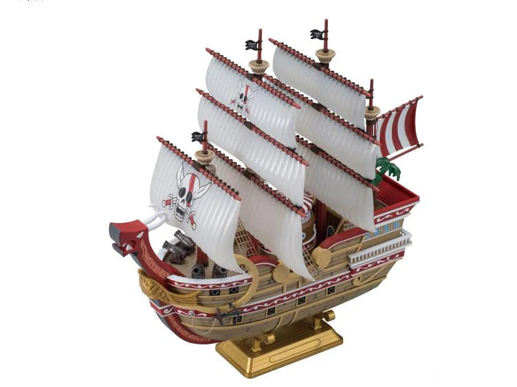 Bandai Hobby One Piece Red Force Grand Ship Collection plastic model kit of a detailed pirate ship with sails and flags.