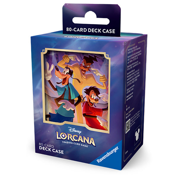 Disney Lorcana Fabled deck box featuring Goof Troop characters, designed for 80 trading cards, with vibrant artwork.