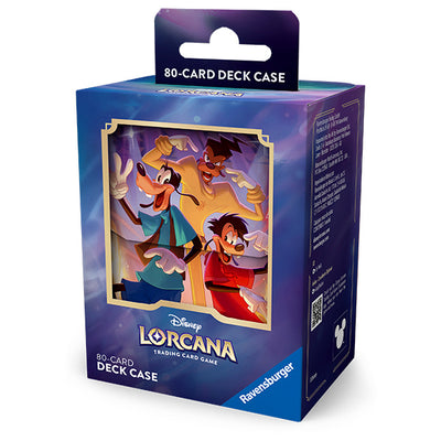 Disney Lorcana Fabled deck box featuring Goof Troop characters, designed for 80 trading cards, with vibrant artwork.