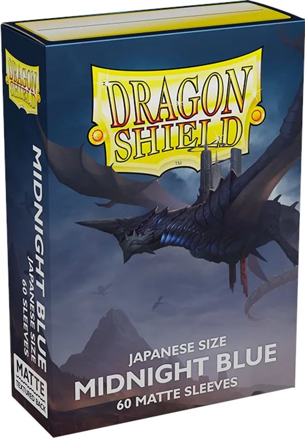 Dragon Shield Matte Sleeves in Midnight Blue, 60-count pack designed for Japanese-sized cards, featuring a dragon graphic.