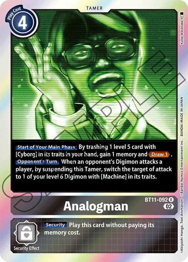 Card featuring Analogman, a Tamer with abilities related to Cyborg traits, memory gain, and targeting Digimon during the opponent's turn.
