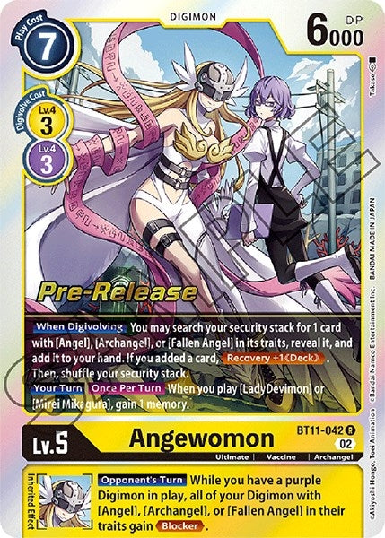 Angewomon BT11-042 R card featuring a digital character with stats and abilities for gameplay.
