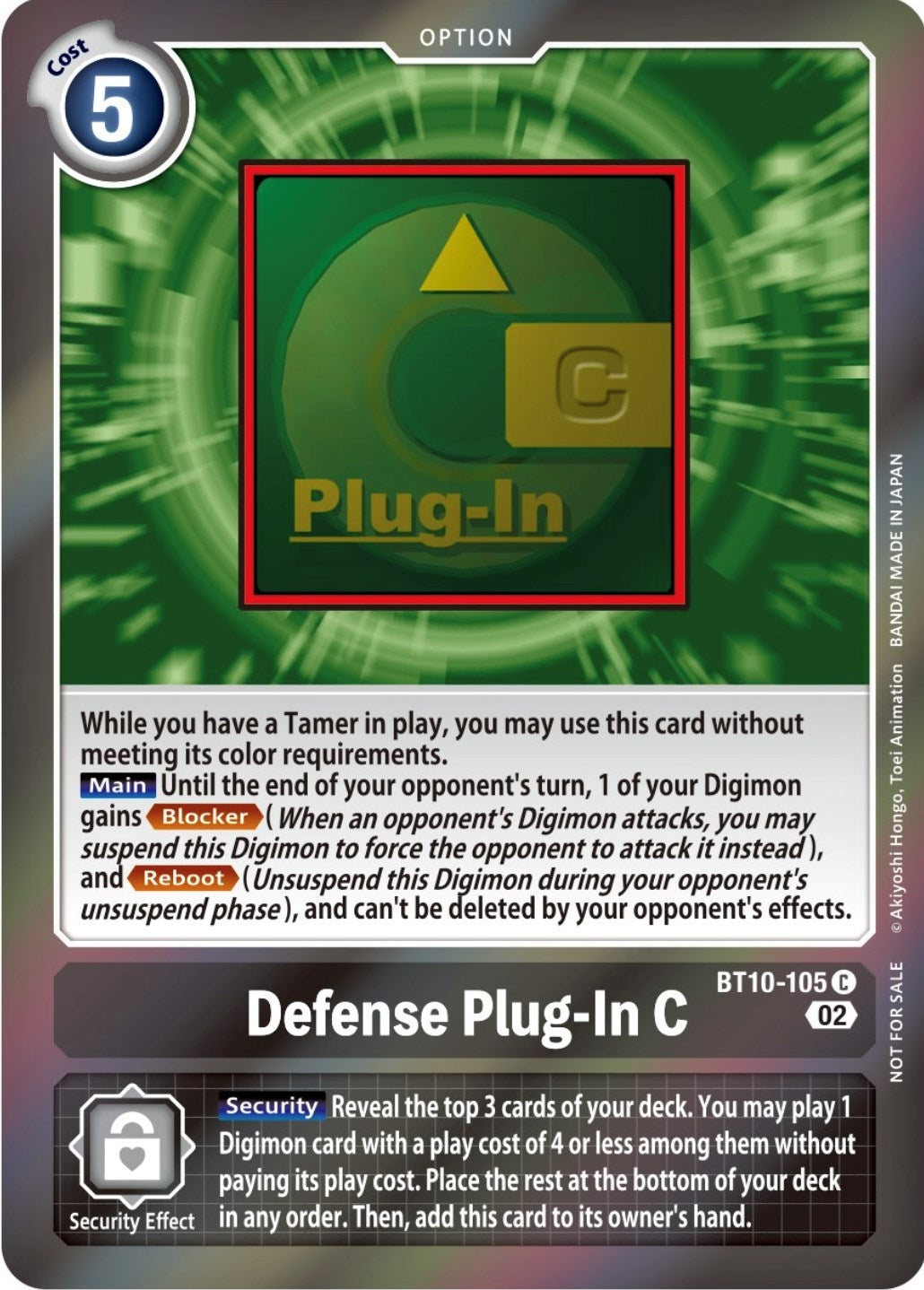 Defense Plug-In C card from BT10, featuring a green and yellow design with gameplay instructions and security effect details.