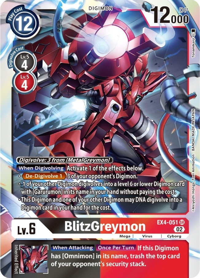 BlitzGreymon card from Digimon featuring a powerful robotic creature with stats and abilities for gameplay strategy.