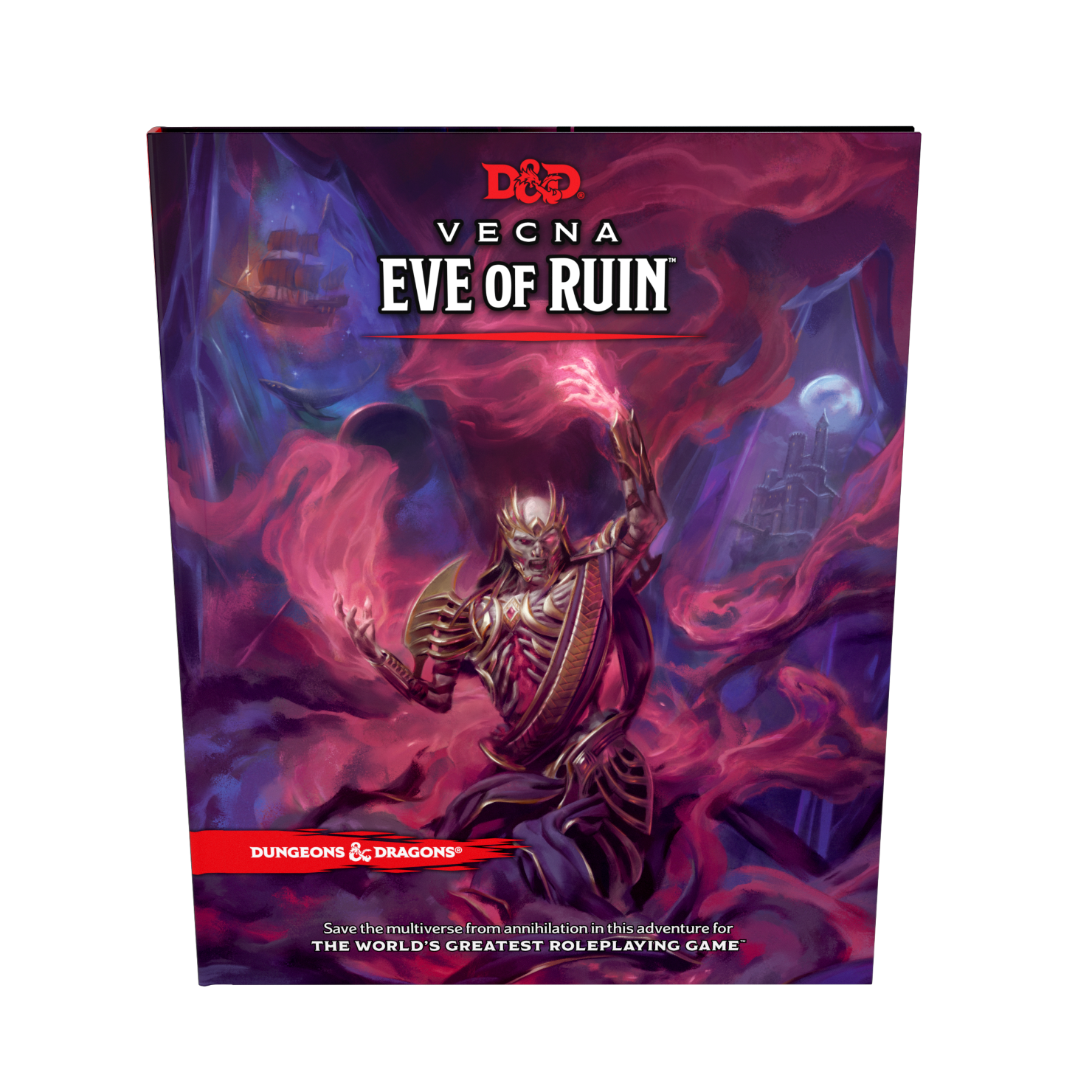 Dungeons & Dragons 5E RPG Vecna: Eve of Ruin adventure book featuring a dark sorcerer with glowing hands.