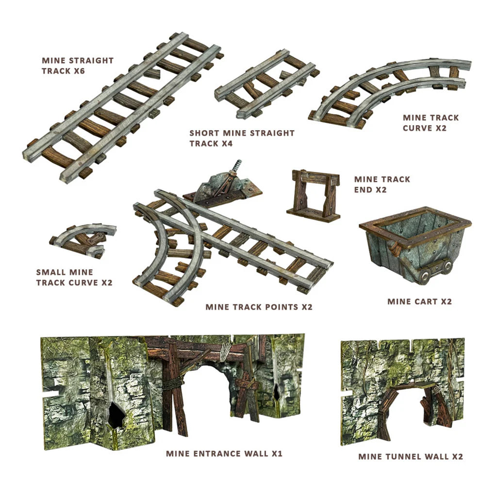 Detailed components of the Fantasy Dungeon: Mines of Meruta, including mine tracks, carts, and entrance walls for tabletop gaming.
