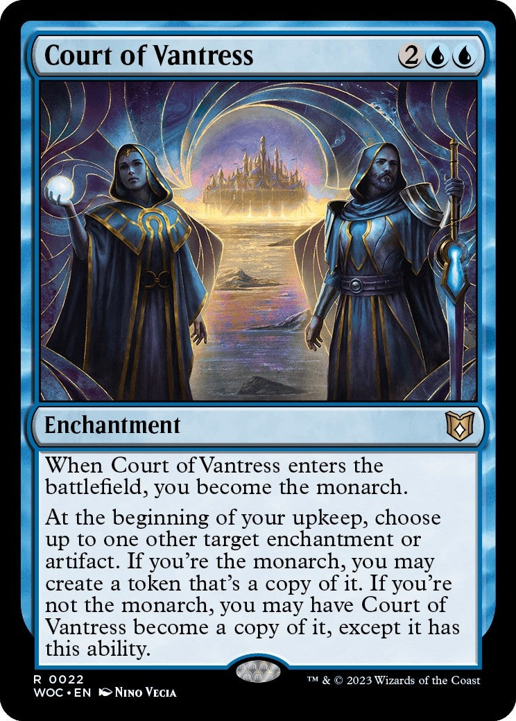 Court of Vantress enchantment card from Commander: Wilds of Eldraine, featuring two figures with a magical landscape in the background.