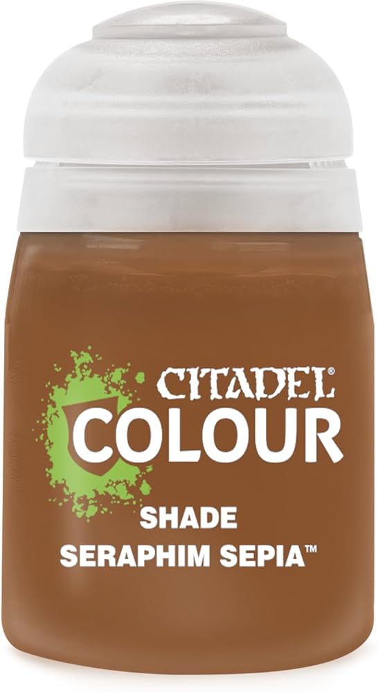 Citadel Colour Shade Paint in Seraphim Sepia, 18ml bottle, featuring a brown shade for enhancing miniature details.