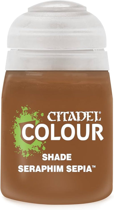 Citadel Colour Shade Paint in Seraphim Sepia, 18ml bottle, featuring a brown shade for enhancing miniature details.