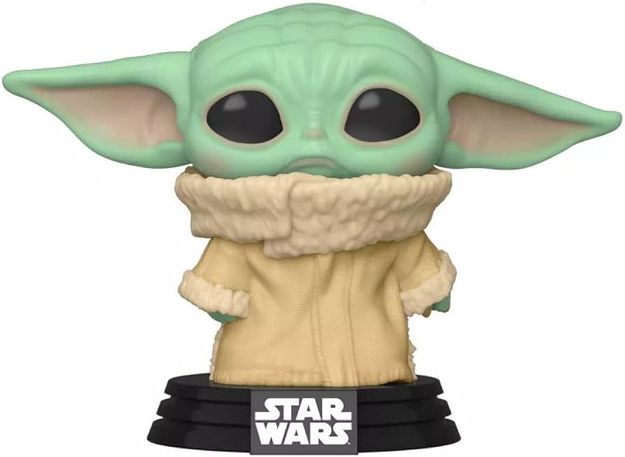 Funko Pop! figure of The Child from Star Wars, featuring large ears, big eyes, and a beige coat on a black base.