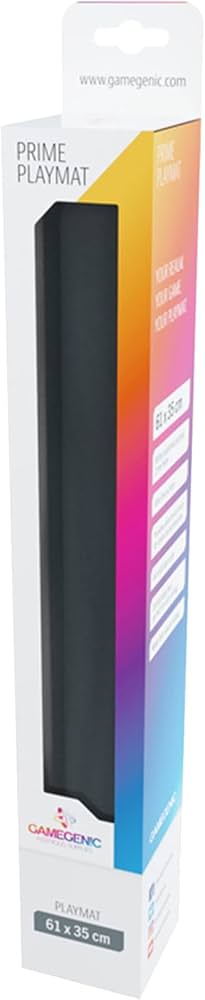 Gamegenic Prime Playmat in black packaging, measuring 61 x 35 cm, designed for tabletop gaming and card play.