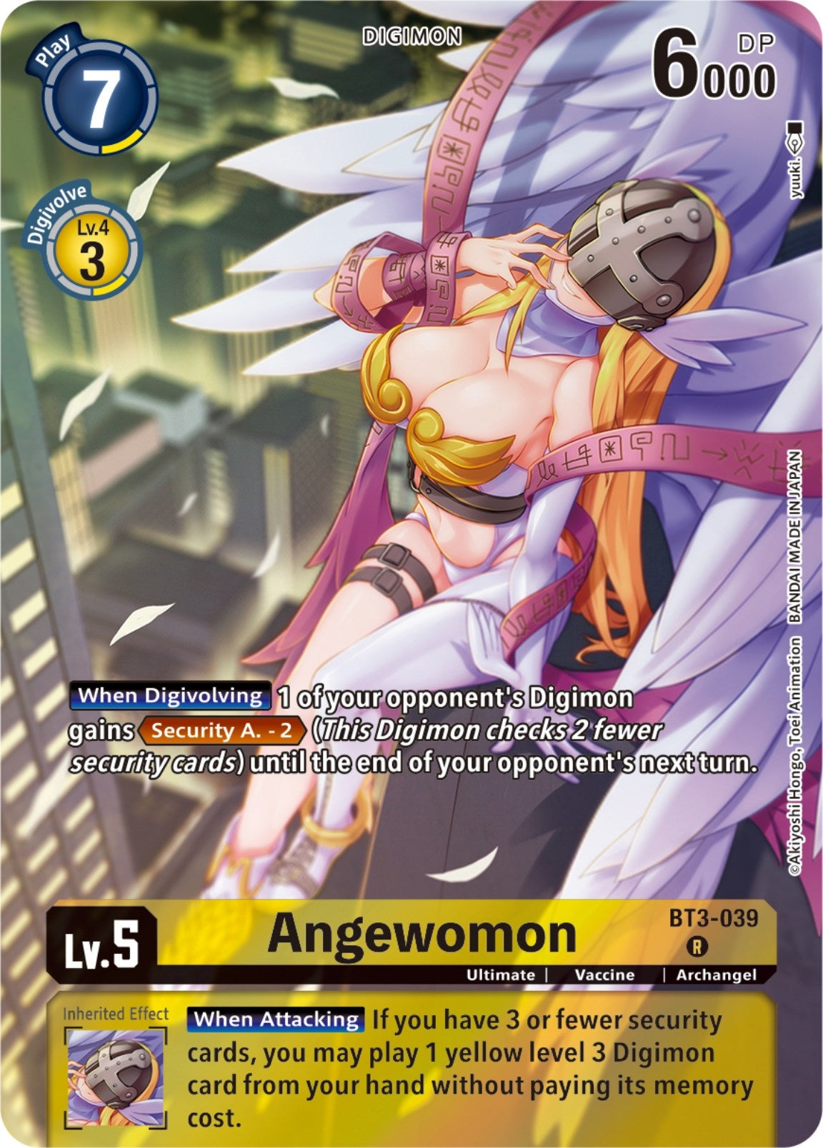 Angewomon BT3-039 card featuring a powerful Digimon with abilities related to security cards and attack strategies.