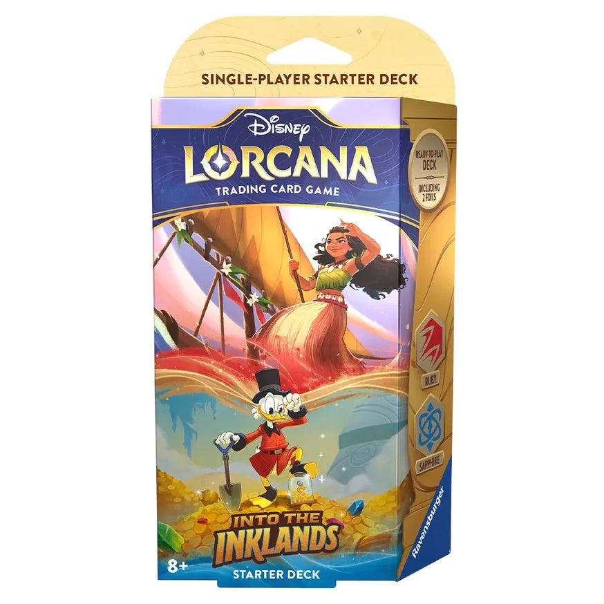 Disney Lorcana TCG Into the Inklands Starter Deck featuring vibrant artwork of characters and a treasure-filled landscape.