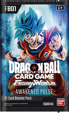 Dragon Ball Super Fusion World Awakened Pulse booster pack featuring vibrant artwork of Goku in a dynamic pose.