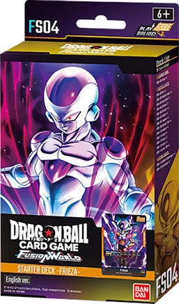 Dragon Ball Super TCG Fusion World Frieza Starter Deck 04 packaging featuring vibrant artwork of Frieza and game details.
