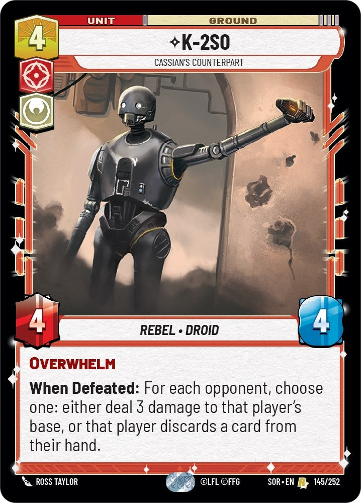 K-2SO card from Spark of Rebellion featuring a droid with a raised arm, displaying stats and abilities for gameplay.
