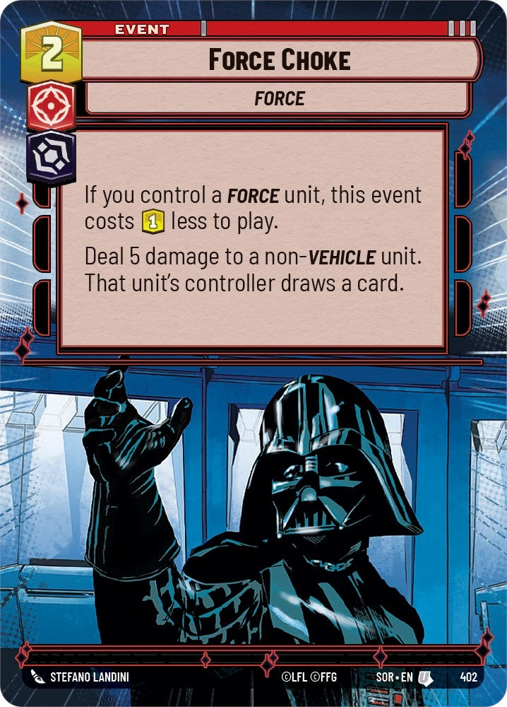 Force Choke event card from Spark of Rebellion featuring a dark figure, detailing its effects and cost for gameplay.
