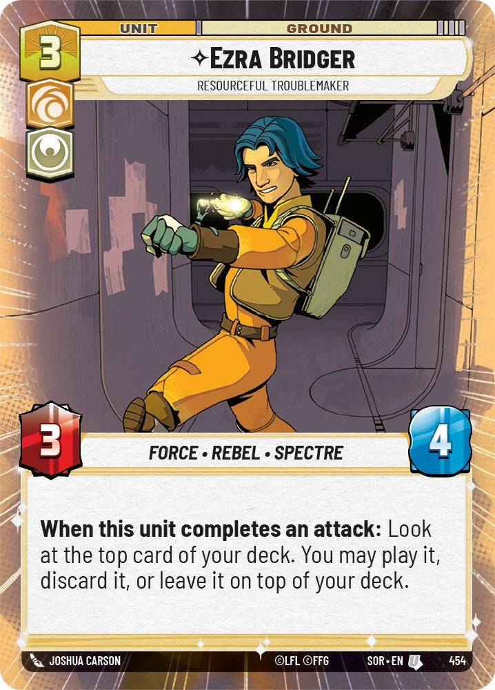 Ezra Bridger card from Spark of Rebellion featuring a character in an orange jumpsuit, ready for action with a blaster.