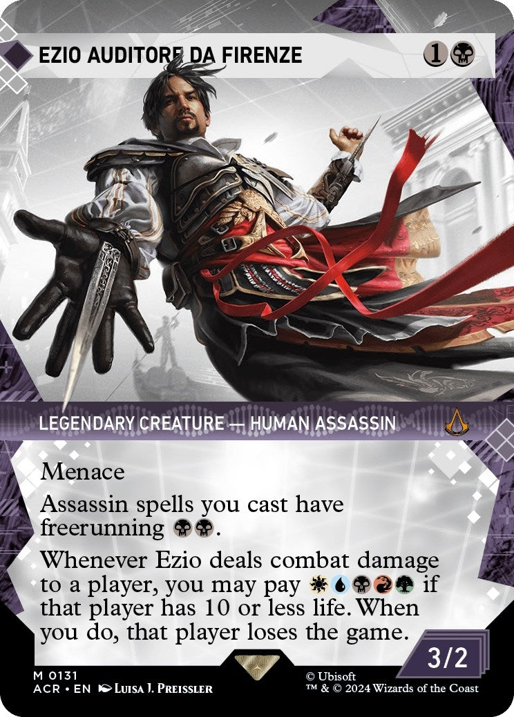 Ezio Auditore da Firenze card featuring a legendary human assassin with menace ability and combat damage effects.