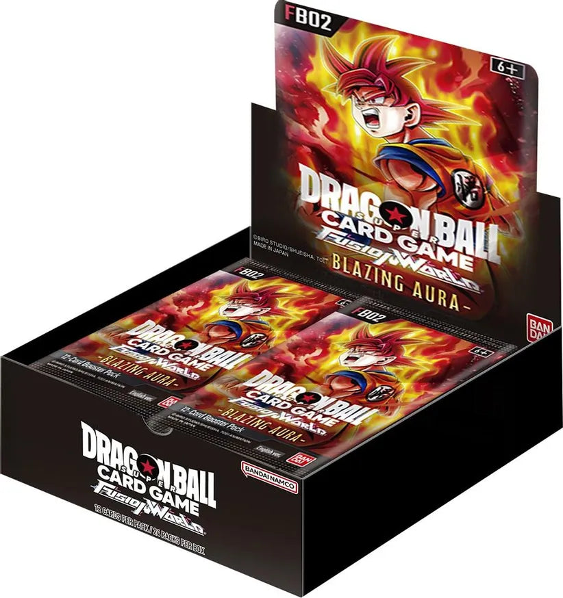 Dragon Ball Super TCG Fusion World Blazing Aura FB02 booster box displaying multiple booster packs in a retail display.