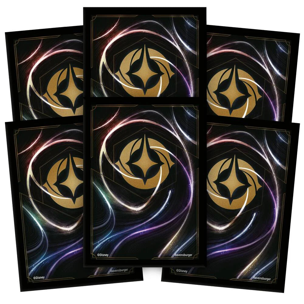 Matte card sleeves featuring a swirling design with gold accents and the Disney Lorcana logo, ideal for card protection.