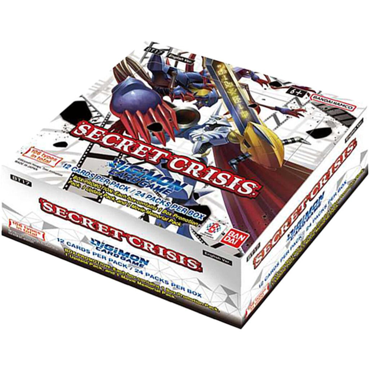 Digimon TCG Secret Crisis Booster Box BT17 featuring vibrant artwork and details about card packs and contents.