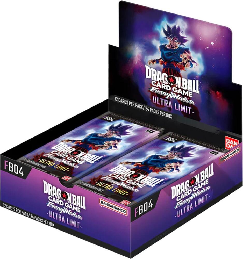 Dragon Ball Super TCG Fusion World Ultra Limit booster box featuring 12 cards per pack and 24 packs per box.