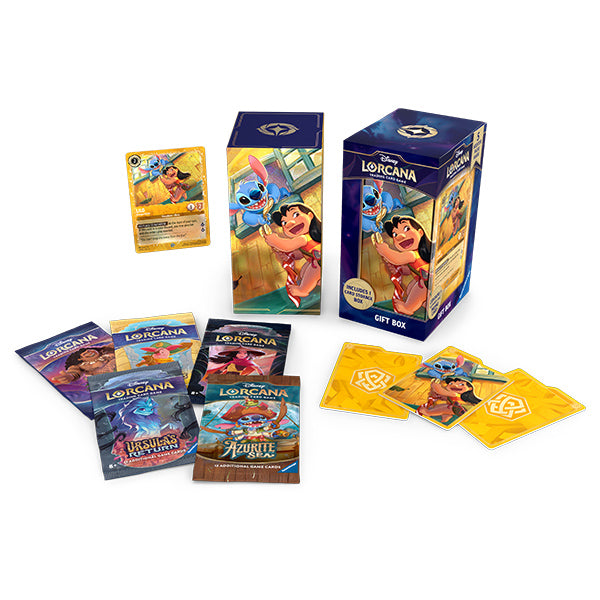 Disney Lorcana TCG Archazia's Island Gift Set featuring booster packs, a promo card, and game accessories in a decorative box.