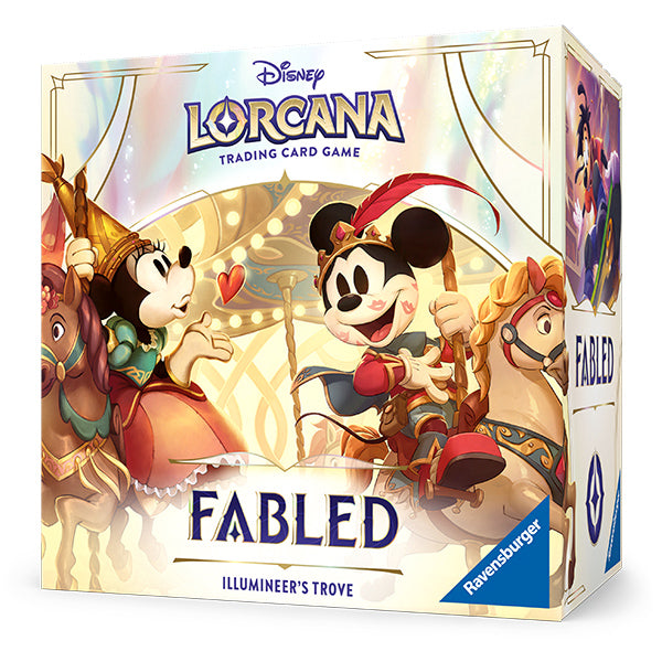 Disney Lorcana: Fabled - Illumineer's Trove box featuring Mickey and Minnie Mouse on carousel horses in a whimsical design.