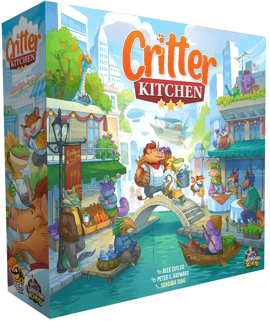 Colorful board game box for Critter Kitchen featuring whimsical animal chefs in a vibrant market setting.