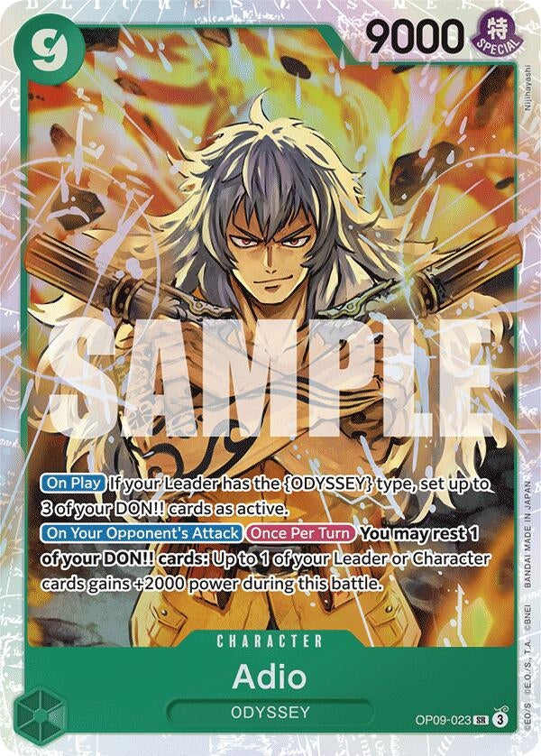 Card featuring Adio from Emperors in the New World, showcasing a fierce character with silver hair and a dynamic pose.