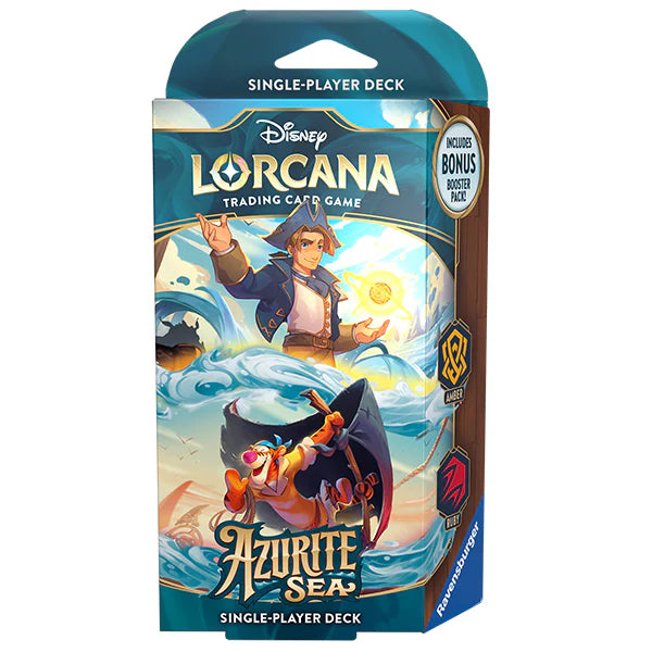 Disney Lorcana TCG Azurite Sea Starter Deck featuring Amber and Ruby, showcasing vibrant artwork and characters on the packaging.
