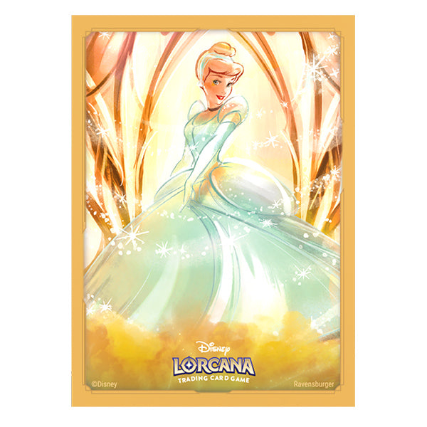 Matte card sleeves featuring Cinderella from Disney Lorcana, showcasing her in a sparkling gown against a golden background.