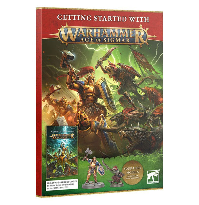 Box set for Getting Started With Warhammer Age of Sigmar 4th Edition, featuring miniatures and game components.
