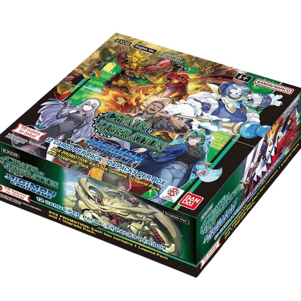 Digimon Card Game Chains of Liberation Booster Box EX08 featuring vibrant artwork and details about card packs included.
