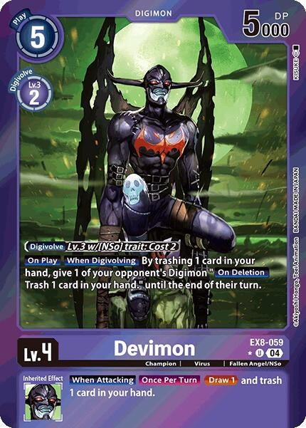 Devimon Limited Foil card from Digimon, featuring a dark character with a skull, set in a mystical background.