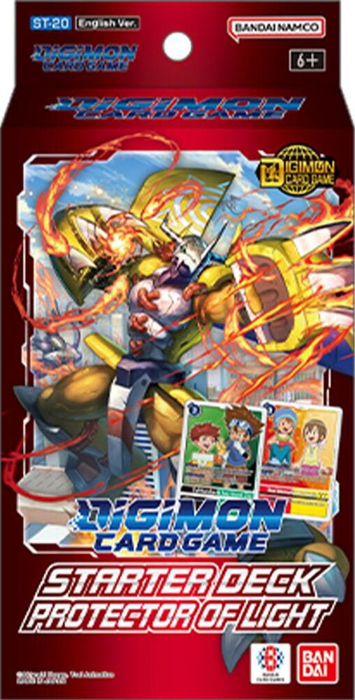 Digimon TCG Protector of Light Starter Deck ST-20 packaging featuring dynamic artwork of Digimon and characters.