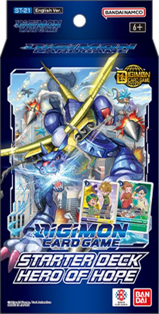 Digimon TCG Starter Deck Hero of Hope packaging featuring characters and Digimon in an action-packed design.