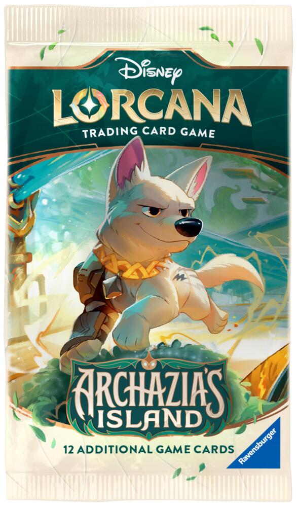 Booster pack for Disney Lorcana: Archazia's Island featuring a wolf character and showcasing 12 additional game cards.