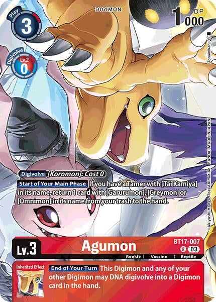 Agumon card from the Omnimon Binder Set, featuring vibrant artwork and game stats for Digimon gameplay.