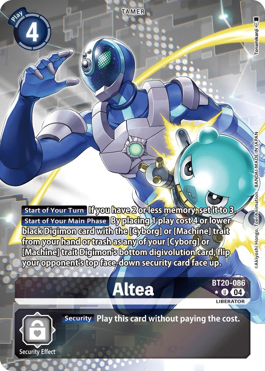 Alternate Art card of Altea (BT20-086 U) featuring a blue robot and a small creature, showcasing its Tamer abilities and security effect.