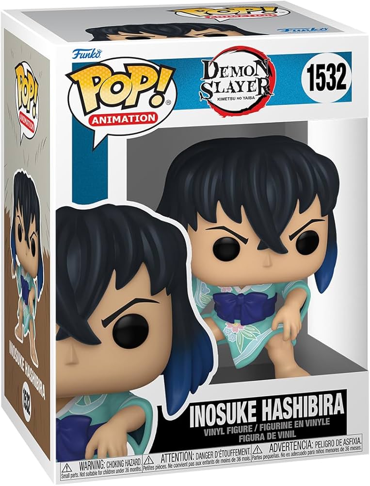Funko Pop! figure of Inosuke Hashibira from Demon Slayer, featuring his distinctive wild hair and fierce expression.