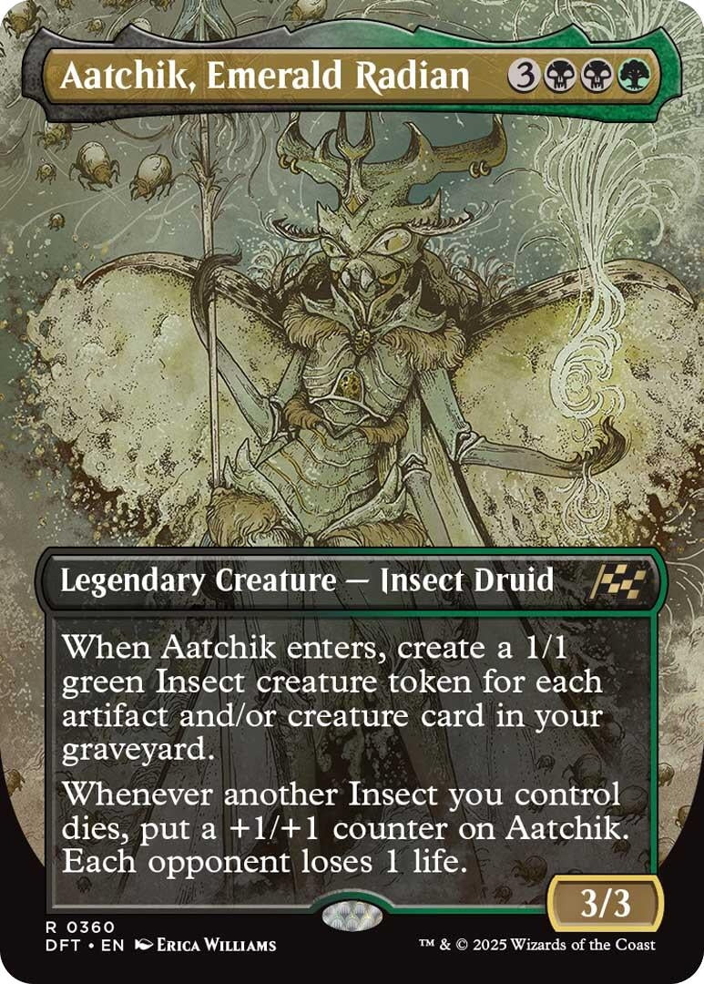 Aatchik, Emerald Radian card featuring a legendary insect druid with a 3/3 power and abilities related to insect tokens.