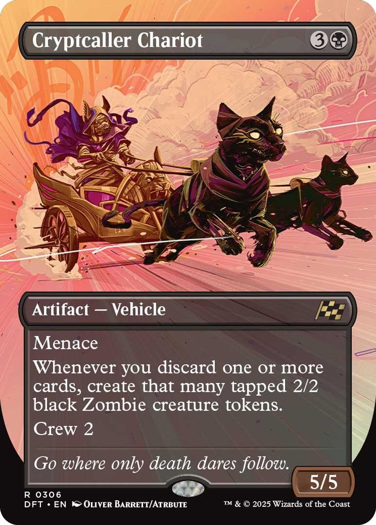Borderless Cryptcaller Chariot card featuring a menacing vehicle with black Zombie creature tokens. 5/5 artifact vehicle.