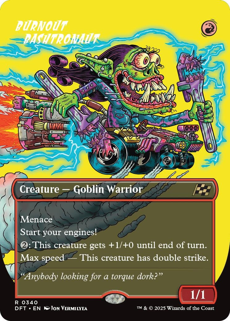 A colorful trading card featuring Burnout Bashtronaut, a Goblin Warrior with menace and double strike abilities.