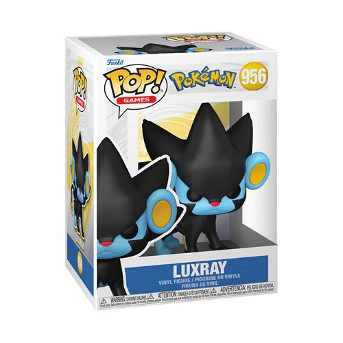 Funko Pop! figure of Luxray from Pokemon, featuring a stylized design with blue and black colors in a display box.