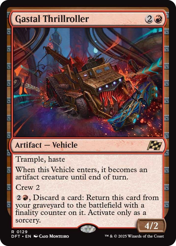 Gastal Thrillroller card featuring a red vehicle with trample and haste abilities, showcasing a detailed mechanical design.