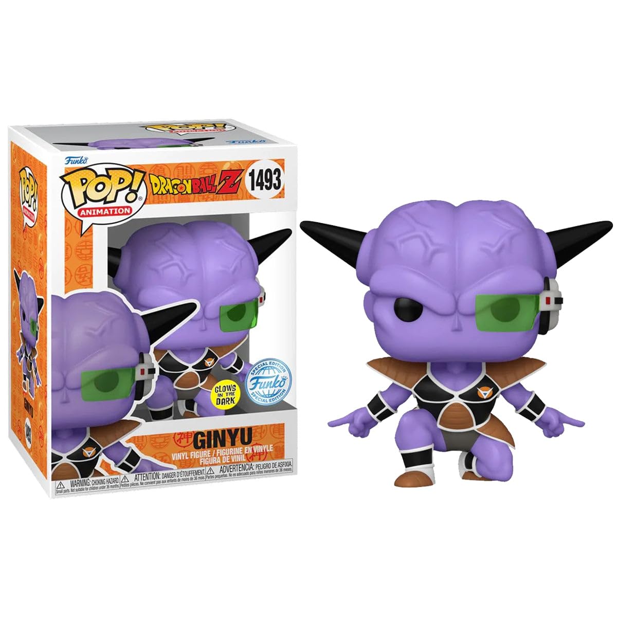 Funko Pop! figure of Ginyu from Dragon Ball Z, featuring purple skin, black armor, and a box with the character's details.