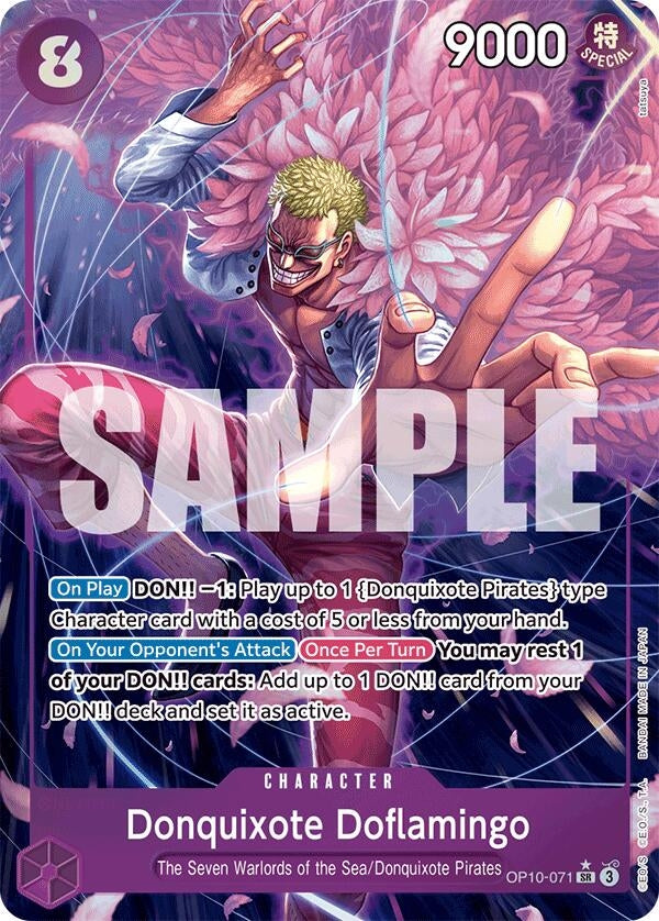 Donquixote Doflamingo card from One Piece, featuring vibrant artwork and game stats for strategic play.
