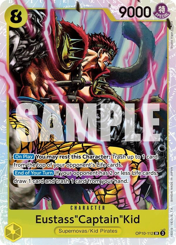 Eustass "Captain" Kid trading card featuring vibrant artwork and game stats, part of the OP10 series.